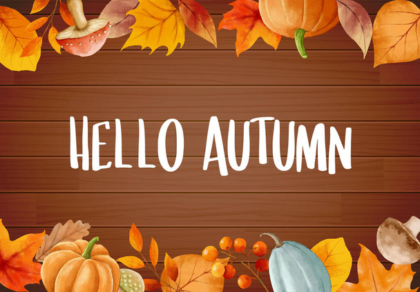 Hello autumn with ornate of leaves flower frame. Autumn october hand drawn lettering template design. - Vecteur, image