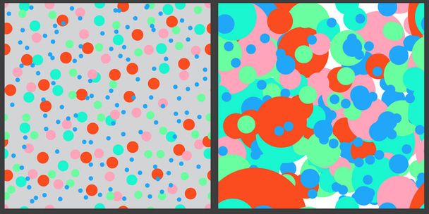 Conjunto de patrones vectoriales. Patrón geométrico. Círculos de diferentes tamaños en colores brillantes de naranja, azul, verde, rosa.  - Vector, imagen
