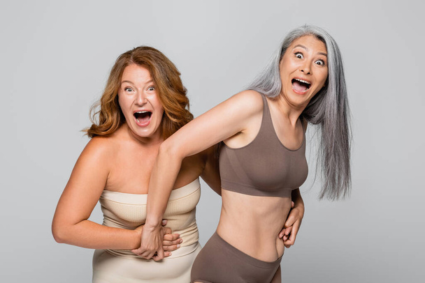 Amazed woman touching asian friend in lingerie isolated on grey, body positive concept - Photo, Image