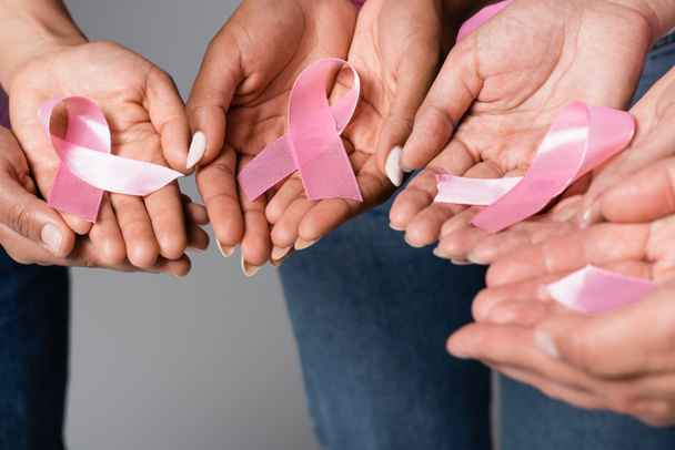 Cropped view of interracial women holding pink ribbons isolated on grey - Фото, зображення