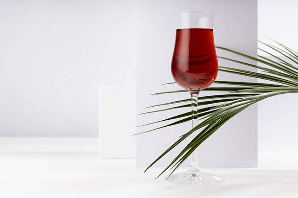 Red wine in elegant glass with summer tropical green palm leaf in sunlight with striped shadows in white abstract interior in minimal geometric style. - Fotoğraf, Görsel