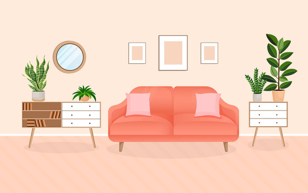Moderne Wohnzimmereinrichtung mit Möbeln und heimischen Pflanzen. Gestaltung eines gemütlichen Zimmers mit Sofa, Pflanzen und Dekorationsartikeln. Vektorflache Illustration. Aufenthaltsraum - Vektor, Bild