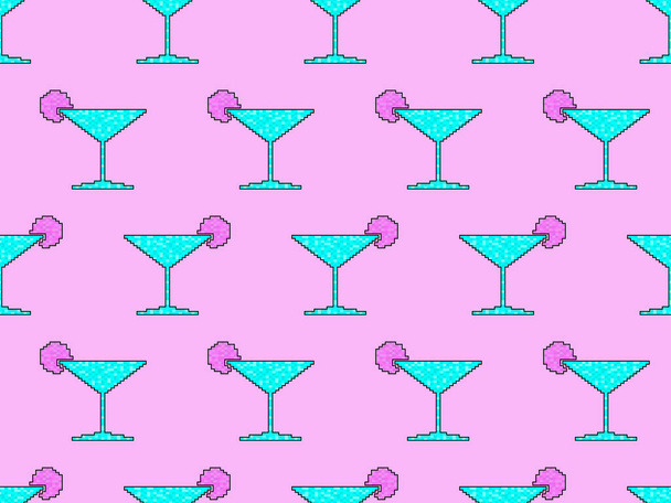 Cocktail glass seamless pattern. Martini glass pixel art. 8 bit graphic in the style of video games from the 90s. Design for printing, wrapping and advertising. Vector illustration - Vetor, Imagem
