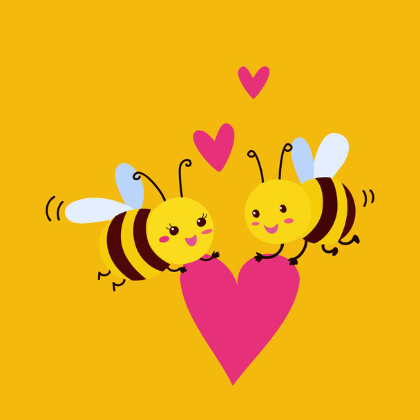 Векторные милые пчелы в любви изолированы на белом фоне. Открытка на день Святого Валентина. Искусство карикатуры. - Вектор,изображение