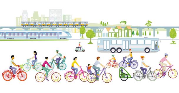 電車、自転車、バス、公共交通機関での移動 - ベクター画像