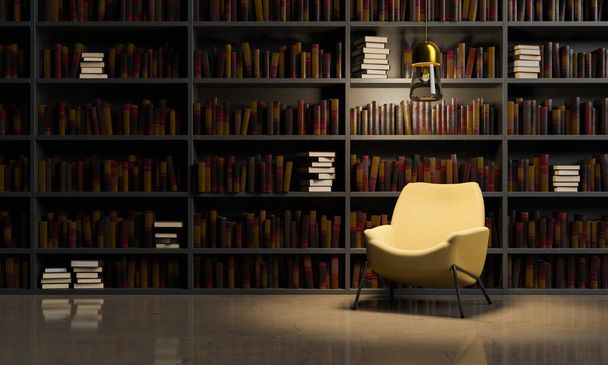 天井ランプに照らされた黄色のソファ付きのエレガントな読書室。テキストのためのスペース。3Dレンダリング - 写真・画像