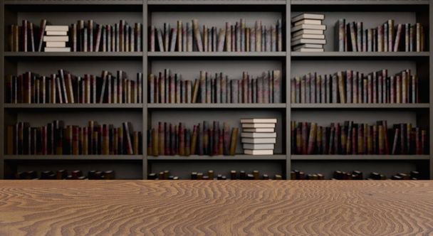 top view of a desk table with library shelves in the background. 3d rendering - Photo, Image