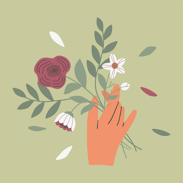 Female or male hand holding bouquet of field flowers. Beautiful fall floral plant. Elegant cut flowers. Bundle of floral elements isolated on green background. Hand drawn vector illustration. - Wektor, obraz