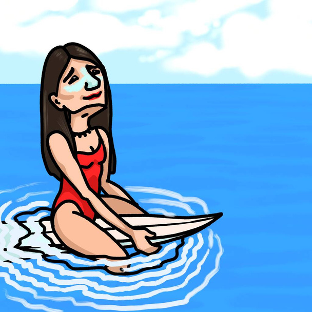Comic style surfer girl looking at sky. Sea sport. - Foto, imagen