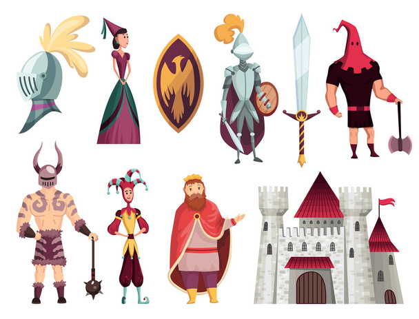 Cuentos medievales personajes conjunto plano con arquero herrero rey reina cuerno obispo guerrero caballero castillo vector ilustración - Vector, imagen
