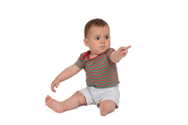 10 meses de idade bebê sentado no chão e apontando sobre fundo branco - Foto, Imagem