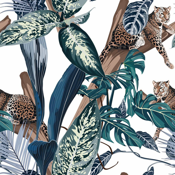 ツリーとエキゾチックな熱帯の葉のイラストで寝て虎ヒョウとカラフルな花の夜のパターン。白を基調としたファッション装飾. - ベクター画像