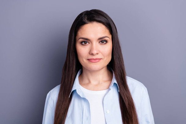 Photo of adorable confident mature woman wear formal shirt isolated grey color background - Fotó, kép