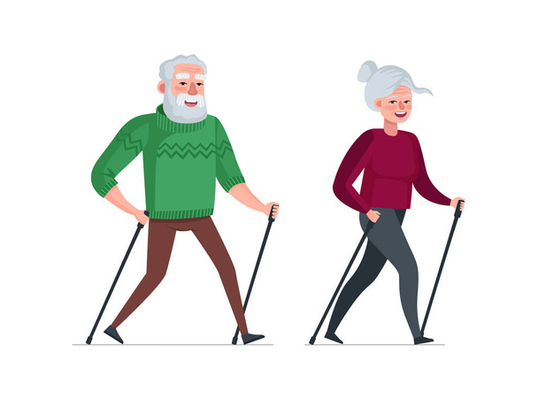 Ouderen stellen gepensioneerd vrije tijd samen. Nordic walk actieve vrolijke gezonde oude mensen. Oudere gepensioneerden een gezonde levensstijl. Grootvader en grootmoeder outdoor oefening eps illustratie - Vector, afbeelding