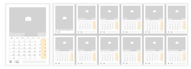 Muur Maandelijkse Foto Kalender 2022. Eenvoudige maandelijkse verticale fotokalender Opmaak voor 2022 jaar in het Engels. Omslagkalender, sjablonen van 12 maanden. De week begint maandag. Vectorillustratie - Vector, afbeelding