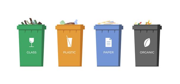 Δοχεία διαλογής απορριμμάτων. Χαρτί, γυαλί, πλαστικό και οργανικά σκουπίδια σε πολύχρωμους κάδους για ανακύκλωση. Σετ σκουπιδοτενεκέδων. Εικονίδια αξιοποίησης αποβλήτων. Αποθήκευση φορέα περιβάλλοντος και οικολογίας - Διάνυσμα, εικόνα