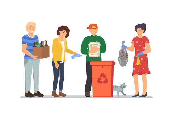 Люди выбрасывают мусор в мусорный бак для переработки мусора. Утилизация отходов в мусорном ведре. Ответственные мужчины и женщины стоят рядом с мусорным контейнером. Окружающая среда и экология - Вектор,изображение