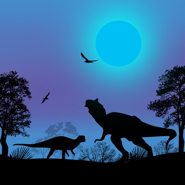 Силуэты динозавров в красивом пейзаже
  - Вектор,изображение