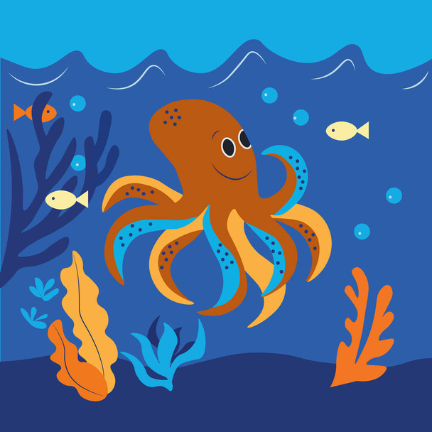 Vector illustration, A cheerful octopus lives in the deep blue sea - Vector, Image