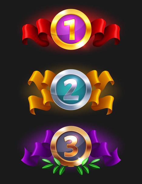 1,2,3 place medals icon - Game rating icons with medals. Level results vector icon design for game, ui, banner, design for app, interface, game development, playing slots and roulette - Vettoriali, immagini