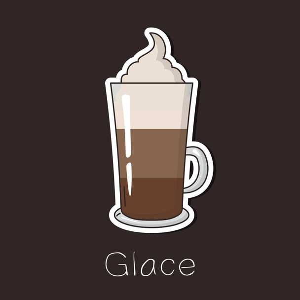 Koffie Glace met chocolade en ijs in een lange glazen beker. Flat vector illustratie voor cafe menu, sticker, pictogrammen, kaart, poster, tag, scrapbooking. - Vector, afbeelding
