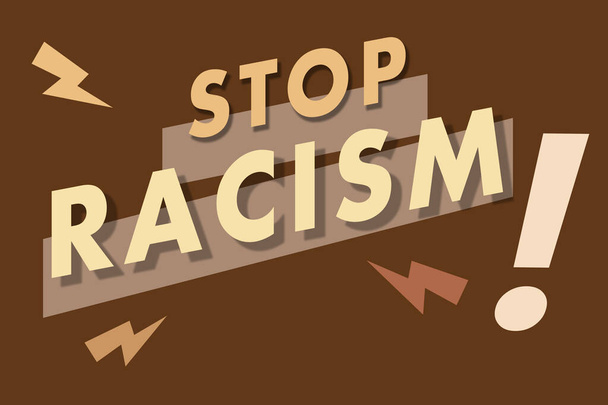 Коричневый плакат Stop Racism с жирным шрифтом и цветом кожи. Используется в качестве фона или лозунга для таких понятий, как расовая дискриминация, социальная справедливость и черные жизни имеет значение. - Фото, изображение