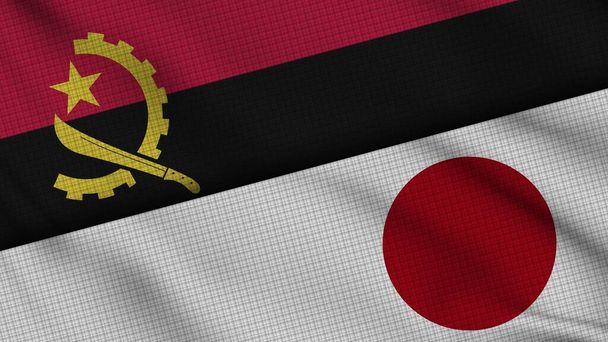 Angola y Japón banderas juntas, tela ondulada, noticias de actualidad, concepto de crisis de diplomacia política, ilustración 3D - Foto, Imagen