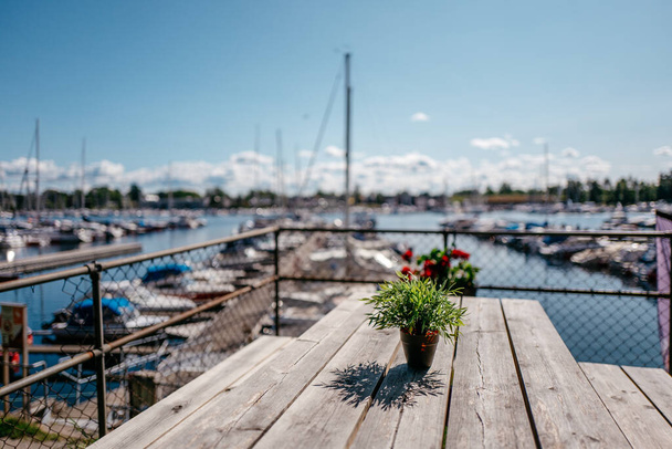 Feuilles vertes dans un pot de fleurs sur la table en bois dans un restaurant en plein air dans la marina bateaux - Photo, image