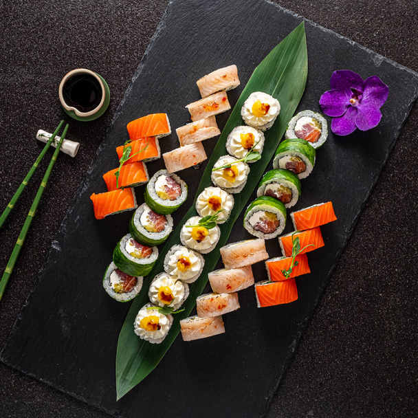 gourmet sushi on the black background - Photo, Image