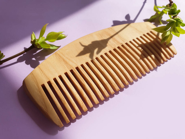 comb wooden green leaves on colored background - Photo, Image