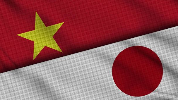 Vietnam and Japan Flags Together, Wavy Fabric, Breaking News, Political Diplomacy Crisis Concept, 3D Illustration - Foto, Imagen