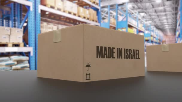 Cajas con texto MADE IN ISRAEL en el transportador. Animación 3D loopable relacionada con productos israelíes - Imágenes, Vídeo