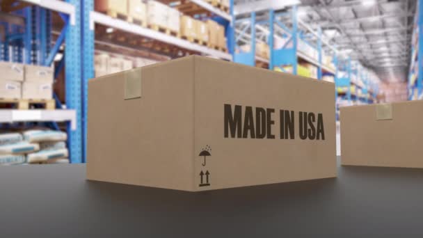 Κουτιά με Made in USA κείμενο στον κύλινδρο μεταφορέα. Αμερικανικά αγαθά που σχετίζονται με loopable 3D κινούμενα σχέδια - Πλάνα, βίντεο