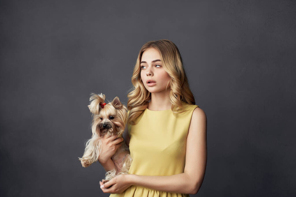 bella donna con un piccolo cane trucco posa ritagliato vista moda - Foto, immagini