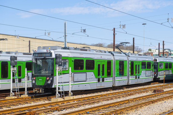Boston Metro MBTA Green Line Type 9 modern fleet by CAF USA at Riverside terminal station, Newton, Massachusetts MA, USA. - Photo, image