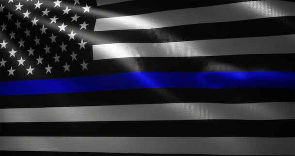 Σημαία λεπτή μπλε γραμμή, Ηνωμένες Πολιτείες της Αμερικής σημαία με κυματίζει πτυχώσεις, κοντινή θέα, 3D απόδοση - Φωτογραφία, εικόνα