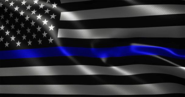 Bandera de línea azul delgada, bandera de Estados Unidos de América con pliegues ondulantes, vista de cerca, representación 3D - Foto, Imagen