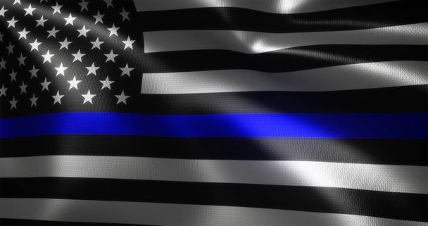 Thin Blue Line Flag, United States of America flag with waving folds, close up view, 3D rendering - Fotografie, Obrázek