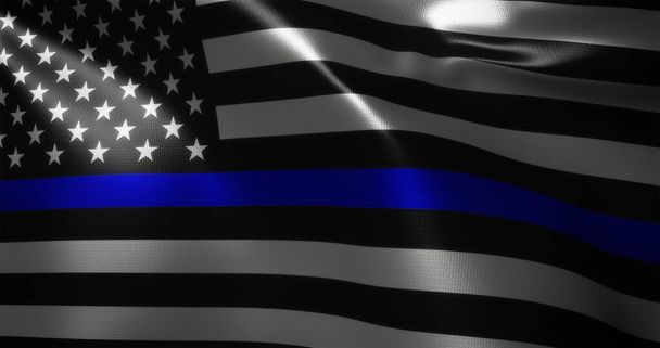 Flaga Thin Blue Line, flaga Stanów Zjednoczonych Ameryki z falującymi fałdami, widok z bliska, Rendering 3D - Zdjęcie, obraz