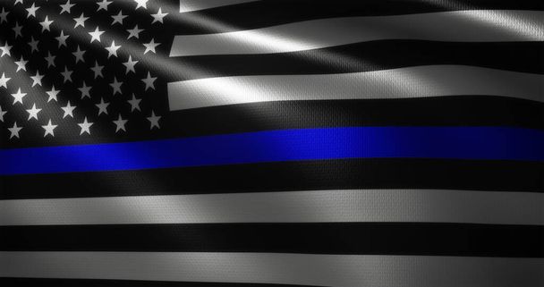 Drapeau mince de ligne bleue, drapeau des États-Unis d'Amérique avec des plis ondulants, vue rapprochée, rendu 3D - Photo, image