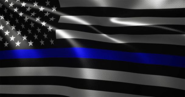 Bandeira de linha azul fina, bandeira dos Estados Unidos da América com dobras ondulantes, vista de perto, renderização 3D - Foto, Imagem