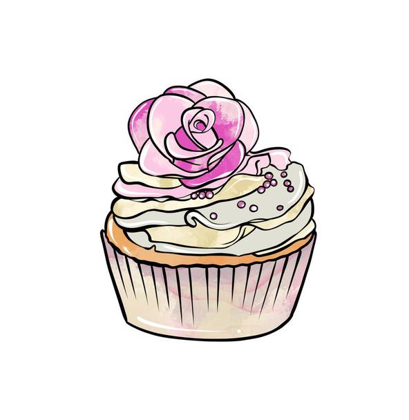 Illustration of a colored drawing of sweets: cupcake with cream and decorated with flowers on a white isolated background - Fotografie, Obrázek
