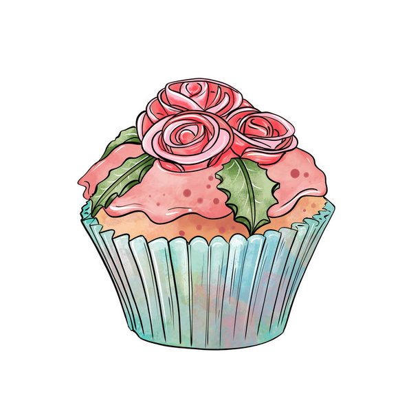 Illustration of a colored drawing of sweets: orange cupcake with pink cream and decorated with red flowers and green leaves on top on a white isolated background - Foto, afbeelding