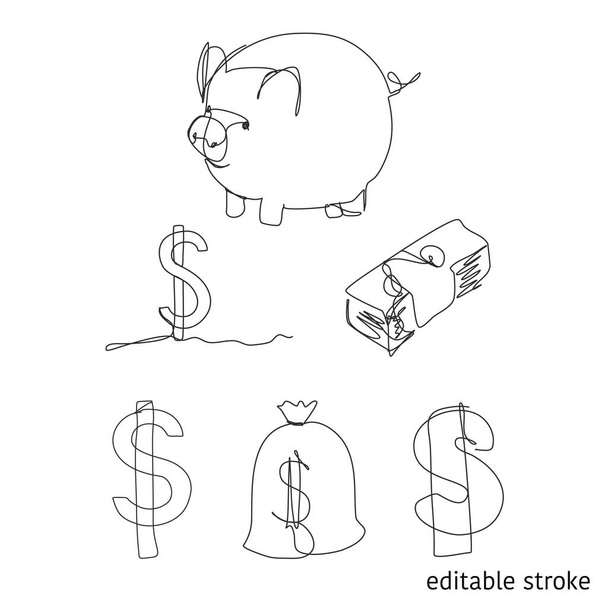 Фінансовий рівень відбувається в безперервному лінійному малюванні. Vector Sketchy Richness Concept Нарис Piggy Bank, Dollar Sign, Currency, Money Bag with Editable Stroke. - Вектор, зображення