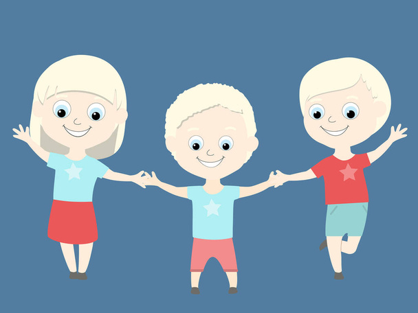 Τα παιδιά του Αλμπίνο είναι χαρούμενα και χαρούμενα. Αγόρια και κορίτσια κρατιούνται χέρι χέρι. Για το σχεδιασμό αφισών και υλικών για τη Διεθνή Ημέρα Διάδοσης Πληροφοριών για τον Albinism. - Διάνυσμα, εικόνα