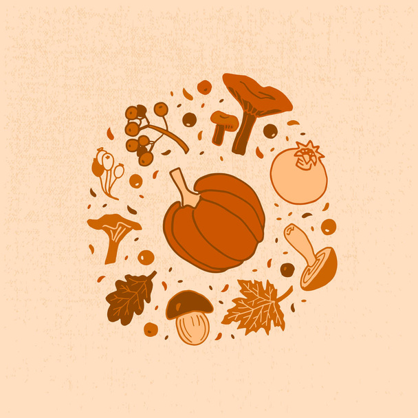 Vector illustration of autumn harvest. There are vegetables, leaves, berries, mushrooms. Picture in orange color palette. - Вектор,изображение