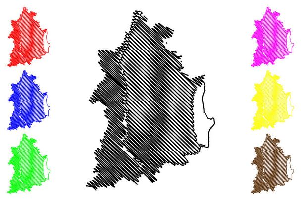Landsberg district (República Federal de Alemania, distrito rural Alta Baviera, Estado Libre de Baviera) mapa vector ilustración, boceto de garabato Landsberg mapa - Vector, Imagen