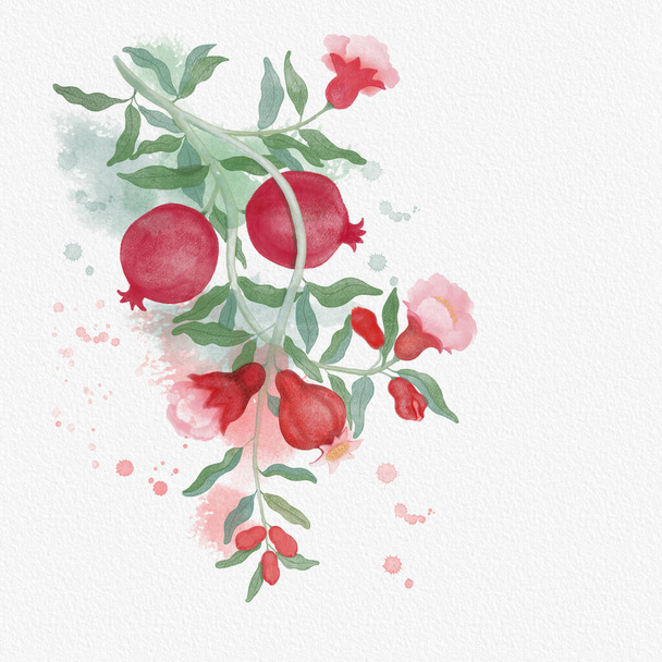 Piros érett gránátalma gyümölcs illusztráció akvarell ecset rajz piros és zöld színű fröccsenés és fehér papír textúra háttér és másolás tér - Fotó, kép