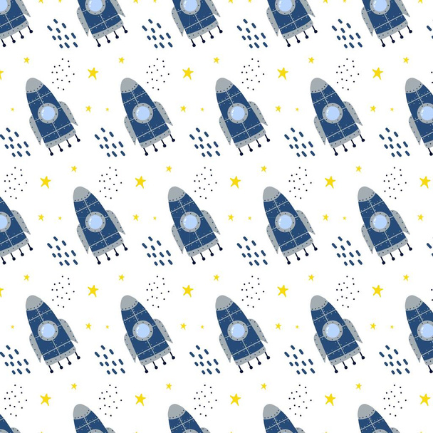  Childish hand-drawn seamless pattern with rocket. Rocket and stars pattern. The pattern is suitable for fabrics, prints, wrapping paper. - Vetor, Imagem