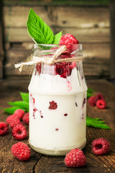 Raspberry dessert in a glass jar - Photo, Image